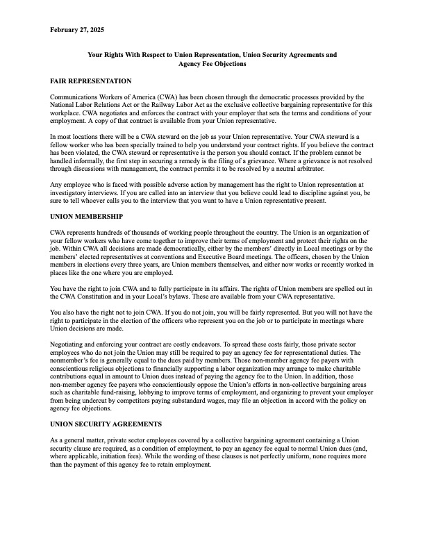 Your Rights With Respect to Union Representation, Union Security Agreements and
Agency Fee Objections Revised February 27, 2025